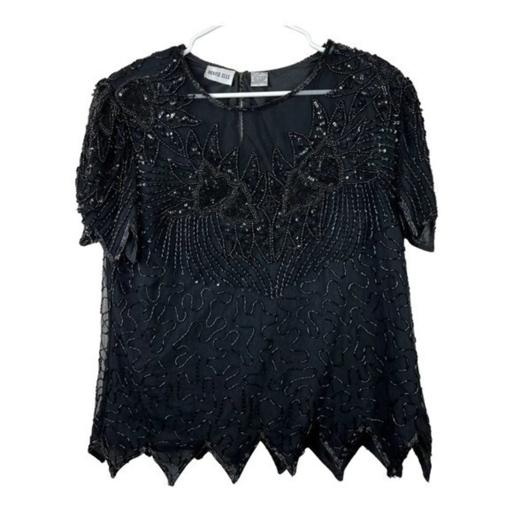 Denise Elle Women Top Blouse Black 100% Silk Size L